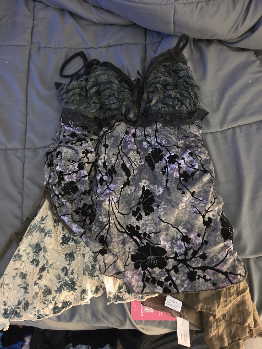 ROMWE Velvet Floral Ruffled Chemise - Black, Purple, Green